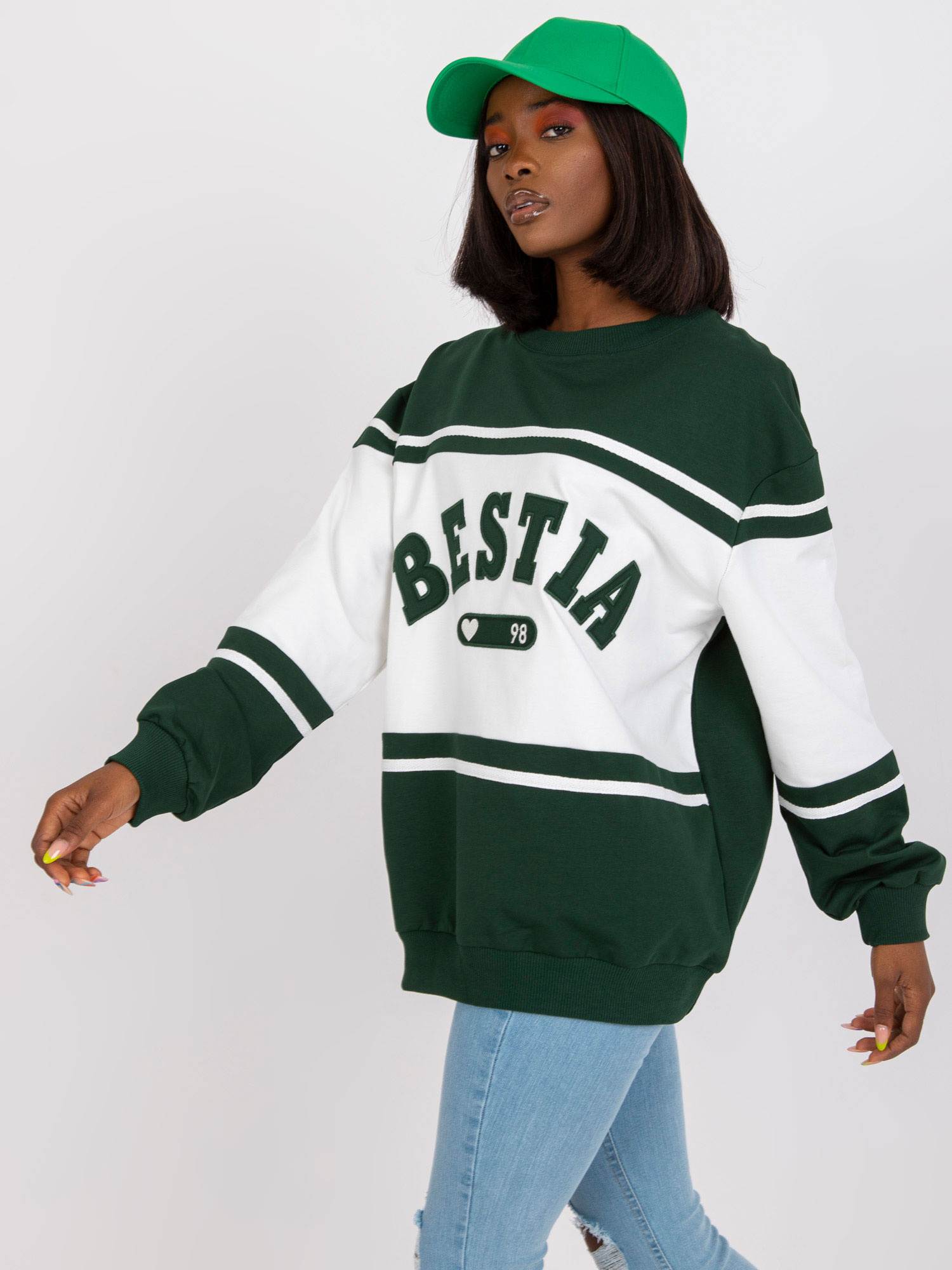 Dark Green and White Loose Sweatshirt Without Hoodie 
