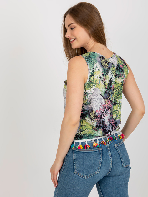 Hurt Zielona krótka bluzka z nadrukiem i frędzlami