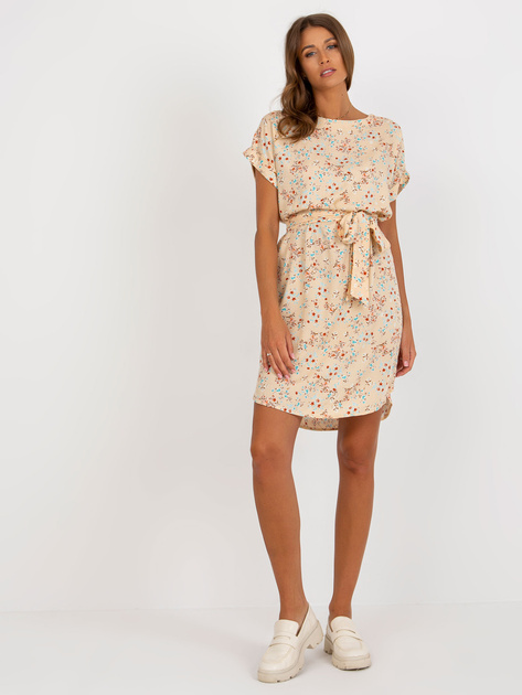 Hurt Beżowa sukienka w kwiaty do kolana RUE PARIS