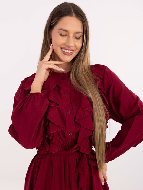 Bordowa rozkloszowana sukienka z gumką w talii