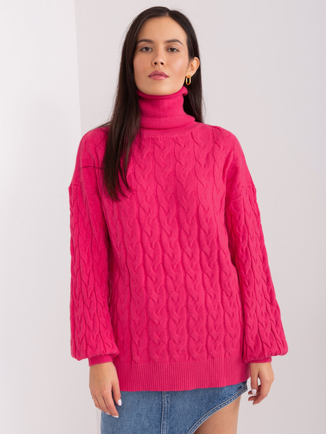 Hurt Fuksjowy damski sweter z golfem i ściągaczami