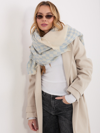 Ecru-jasnoniebieski damski szal z frędzlami