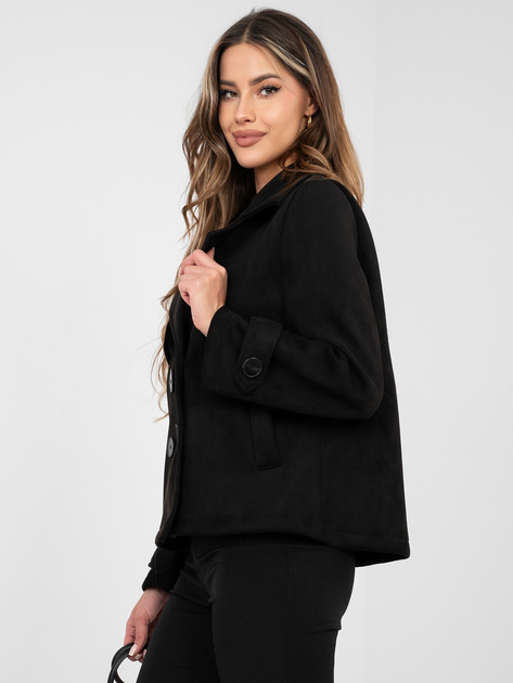 Czarny dwurzędowy płaszcz z paskami na rękawach