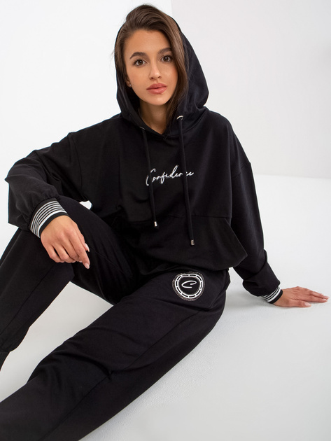 HurtCzarny luźny komplet dresowy z bluzą z aplikacją
