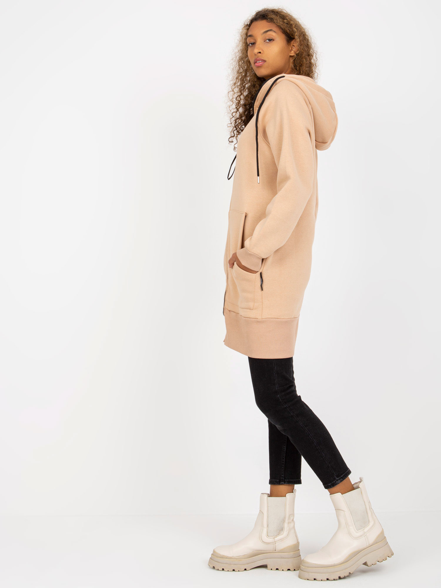 Beżowa długa rozpinana bluza basic z kapturem RUE PARIS