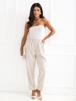 Jasnobeżowe sztruksowe spodnie z kieszeniami RUE PARIS 