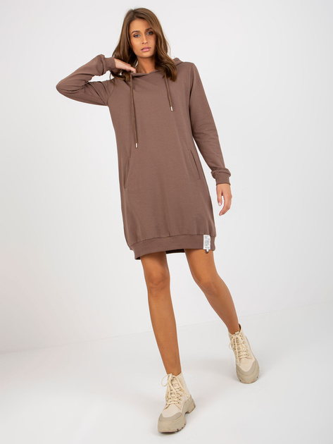 Hurtownia Brązowa dresowa sukienka basic z kapturem