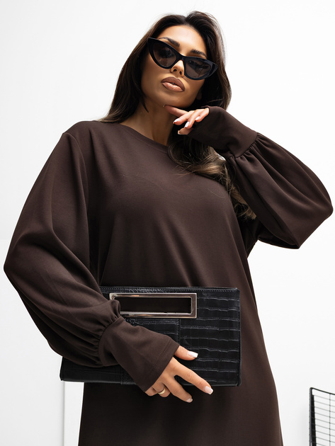 Czekoladowa sukienka basic o prostym kroju RUE PARIS