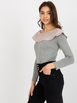 Hurtownia Szaro-jasnoróżowa damska bluzka z koronkowym kołnierzem