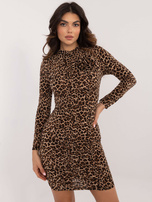 Hurt Beżowo-czarna dopasowana sukienka z printem