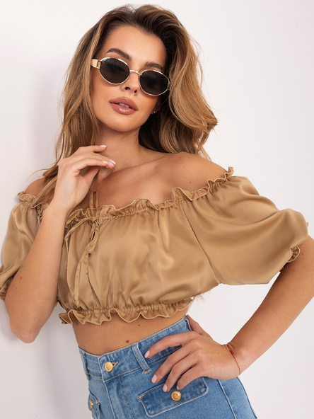 Hurt Camelowa gładka bluzka hiszpanka z wiązaniem