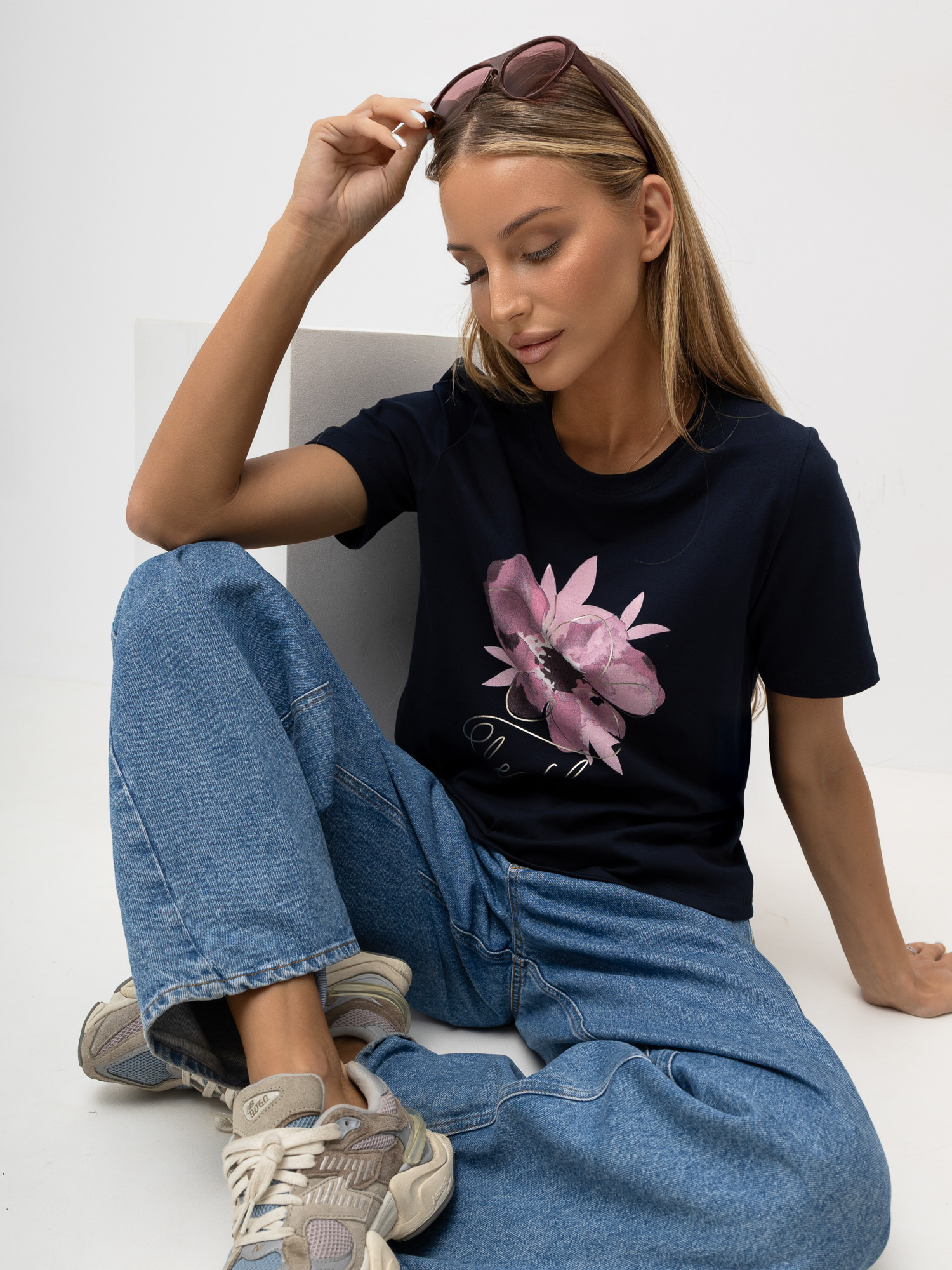 Dunkelblaues Damen-T-Shirt aus Baumwolle RUE PARIS.