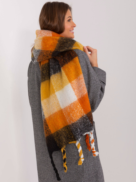 Hurt Ciepły czarno-pomarańczowy damski szal w kratę
