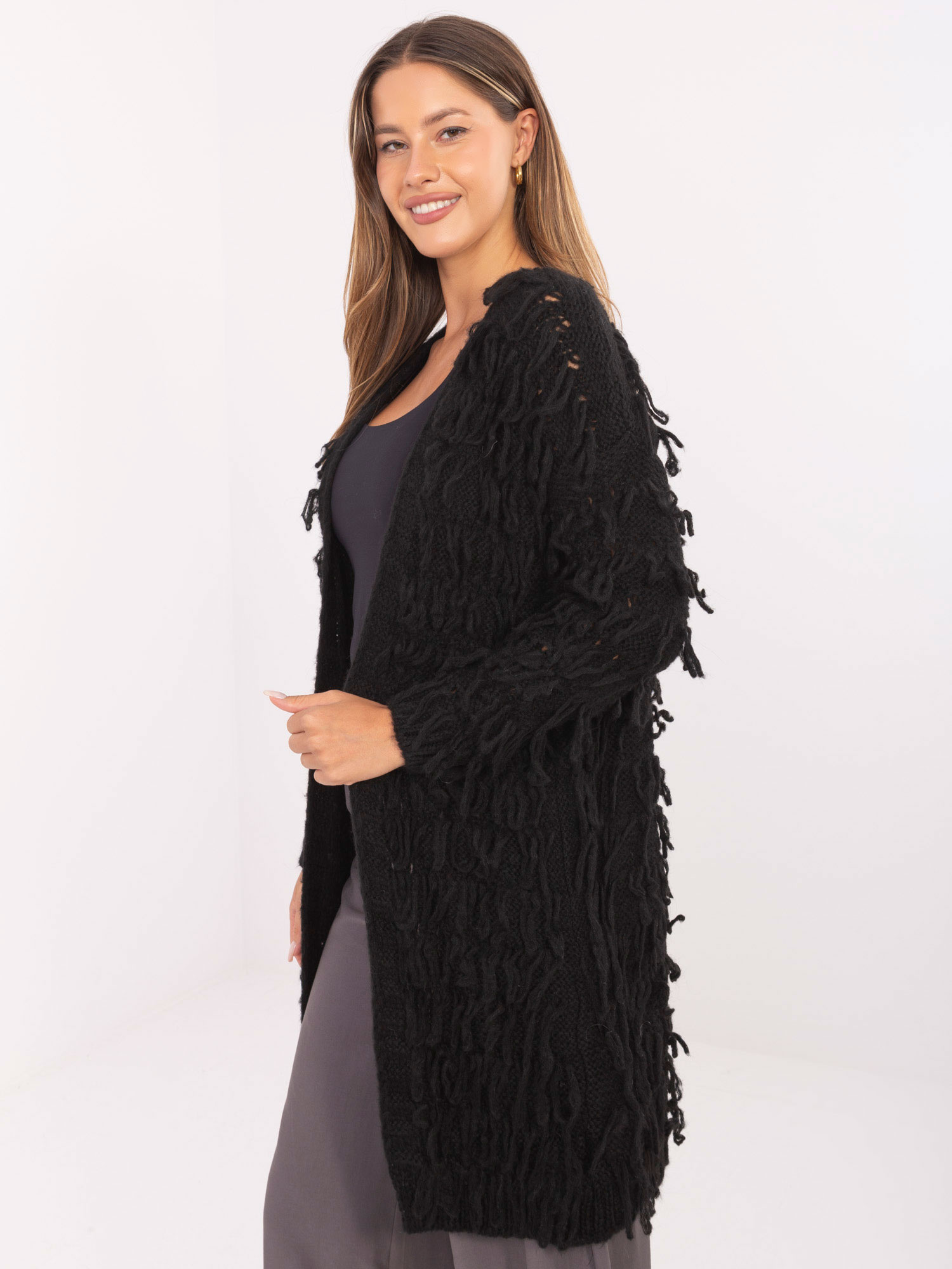 Črn cardigan za ženske v boho slogu RUE PARIS.