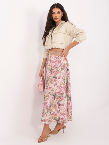 Brudnoróżowa rozkloszowana spódnica z paskiem RUE PARIS 