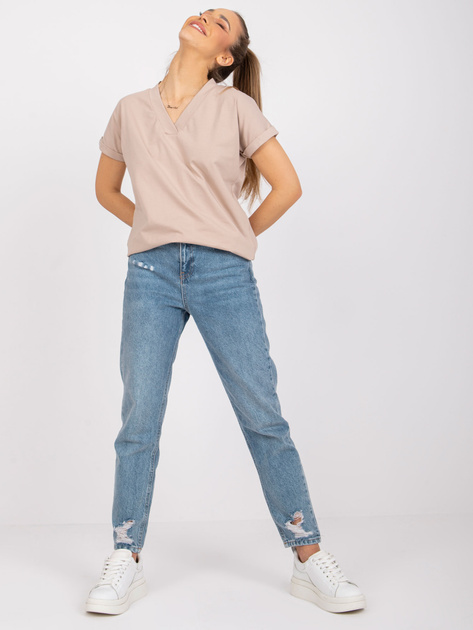 Beżowy t-shirt damski z bawełny Severine