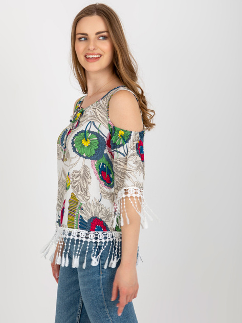 Hurt Biała bluzka z nadrukiem i ozdobnym wykończeniem