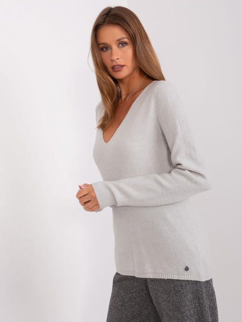 Hurt Jasnoszary damski sweter klasyczny z dekoltem V