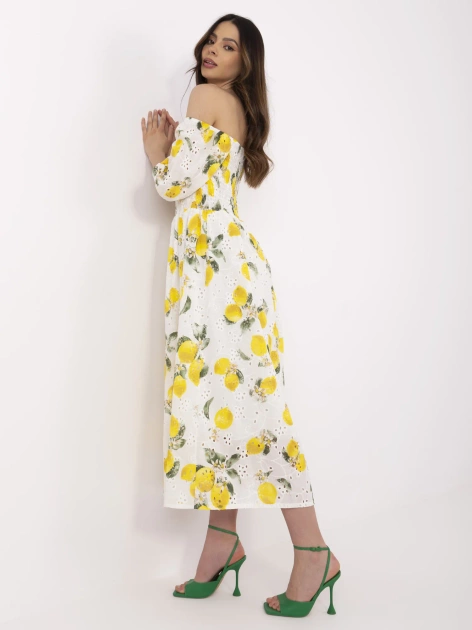 Ecru-żółta midi sukienka damska w cytryny