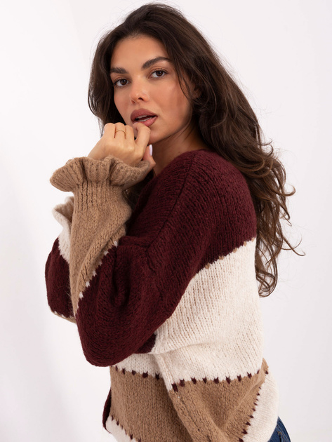 Ecru-bordowy sweter z falbankami przy rękawach RUE PARIS