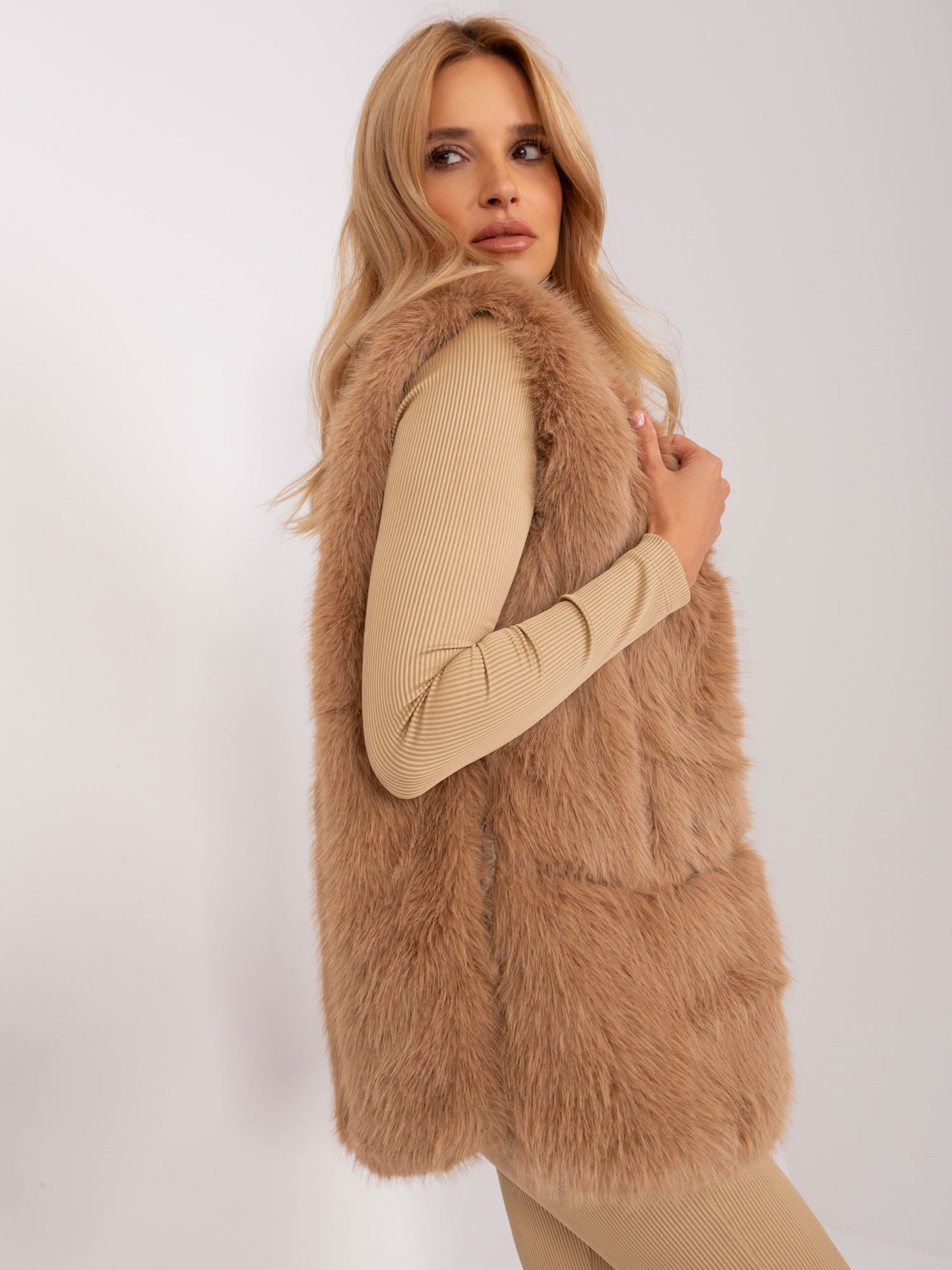 Camel women's fur vest wholesale.