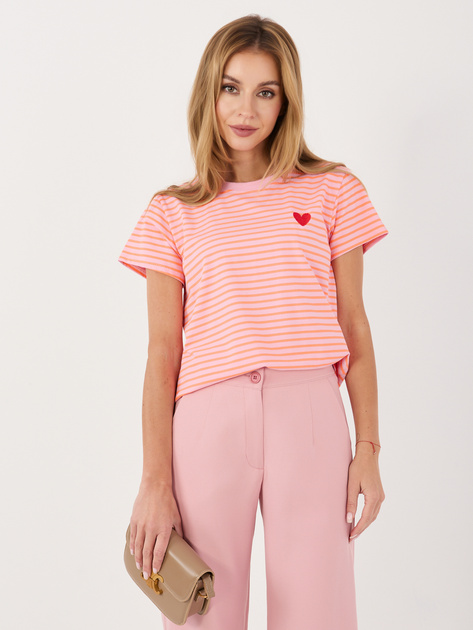 Fluo pomarańczowo-różowy damski t-shirt z haftem