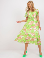 Beige and green midi dress with colorful patterns
