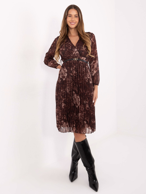 Brązowa midi sukienka z kopertowym dekoltem