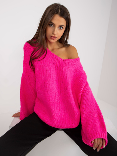Hurt Fluo różowy sweter oversize z dekoltem w serek RUE PARIS 