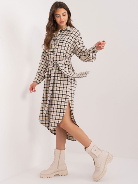 Hurt Beżowo-czarna koszulowa sukienka z paskiem