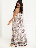 Brown summer dress with a halter neckline.
