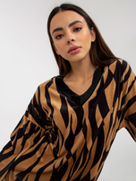 Hurt Ciemnobeżowo-czarna welurowa sukienka z nadrukiem RUE PARIS