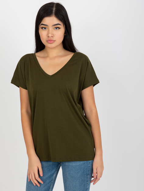 Hurtownia Khaki gładki t-shirt basic z dekoltem V Emory