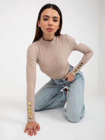 Hurt Beżowa damska bluzka z półgolfem w prążek OCH BELLA