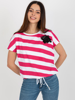 Hurt Biało-fuksjowa bluzka w paski z krótkim rękawem