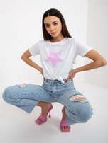 Hurt Biało-jasnofioletowy bawełniany t-shirt z nadrukiem