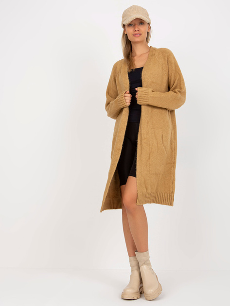Hurt Camelowy długi kardigan z kieszeniami RUE PARIS