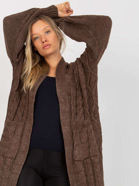 Hurtownia Brązowy maxi kardigan z kieszeniami RUE PARIS