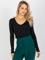 Hurt Czarny prążkowany sweter klasyczny z dekoltem V