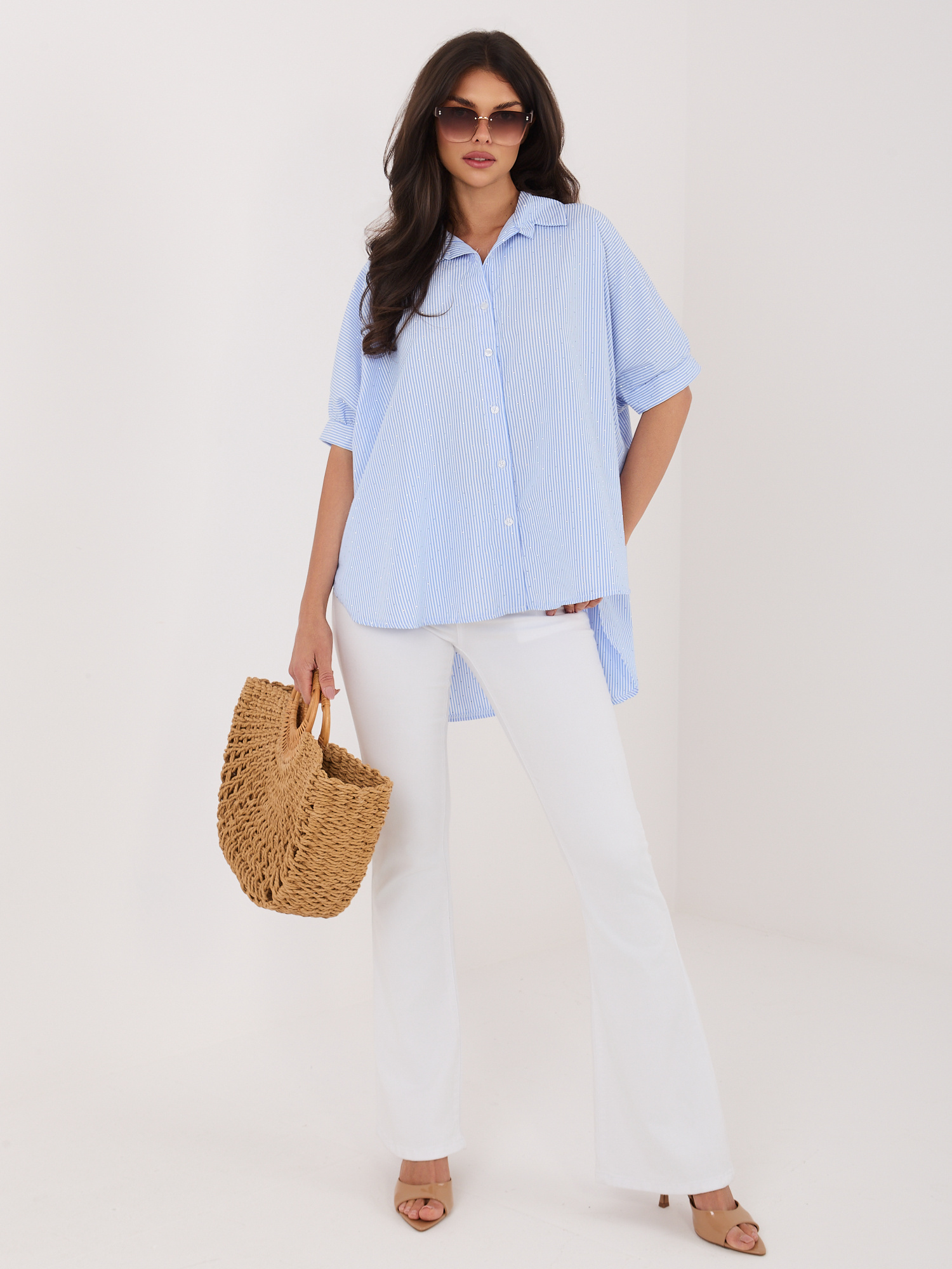 Biało-niebieska rozpinana koszula z aplikacjami RUE PARIS 