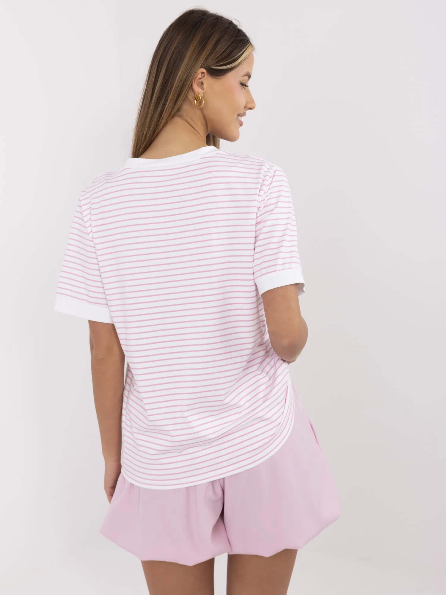 Pink and white blouse with lemon print.