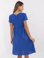 Dark blue dress with short sleeves.