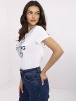 Ecru-miętowy damski t-shirt z cekinami 