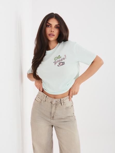 Miętowy damski t-shirt z nadrukiem na plecach SUBLEVEL