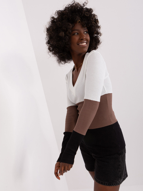 Hurt Ecru-czarna damska bluzka basic z dekoltem V