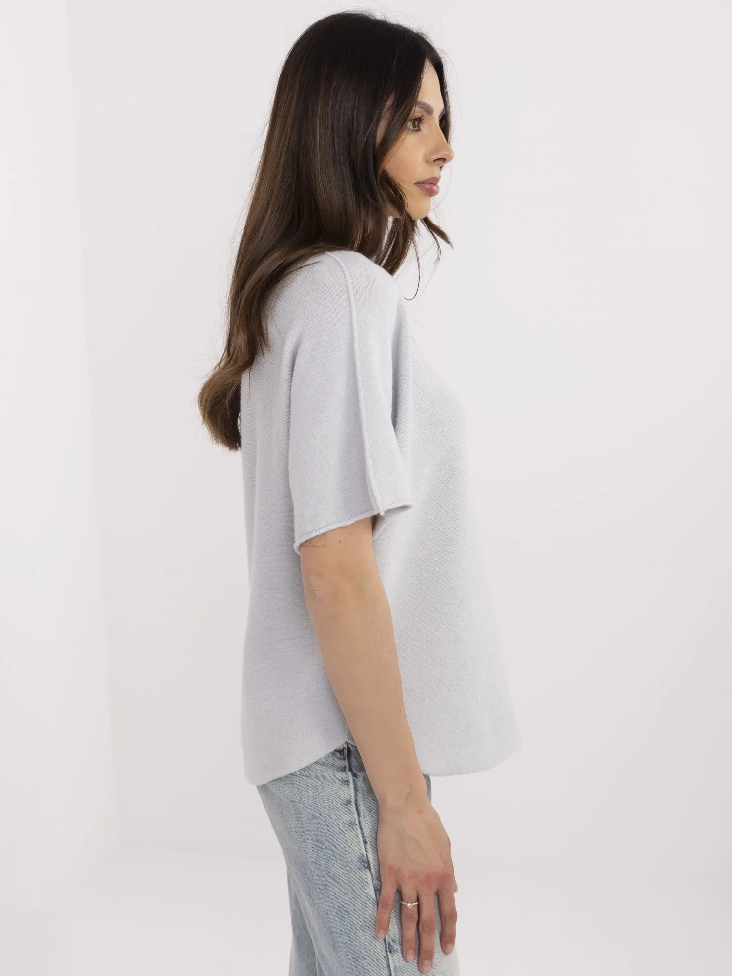Light gray women's basic sweater with short sleeves.