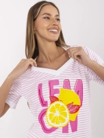 Pink and white blouse with lemon print.