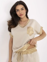 Hurt Beżowy damski komplet z błyszczącymi wstawkami