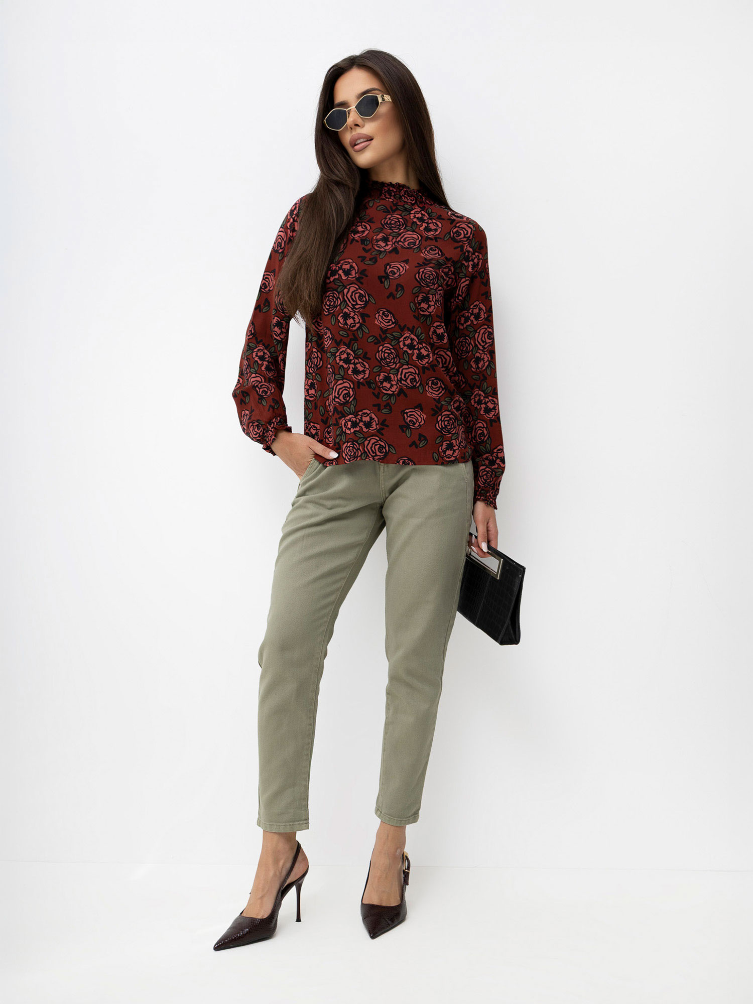 Burgundy elegant blouse with roses.