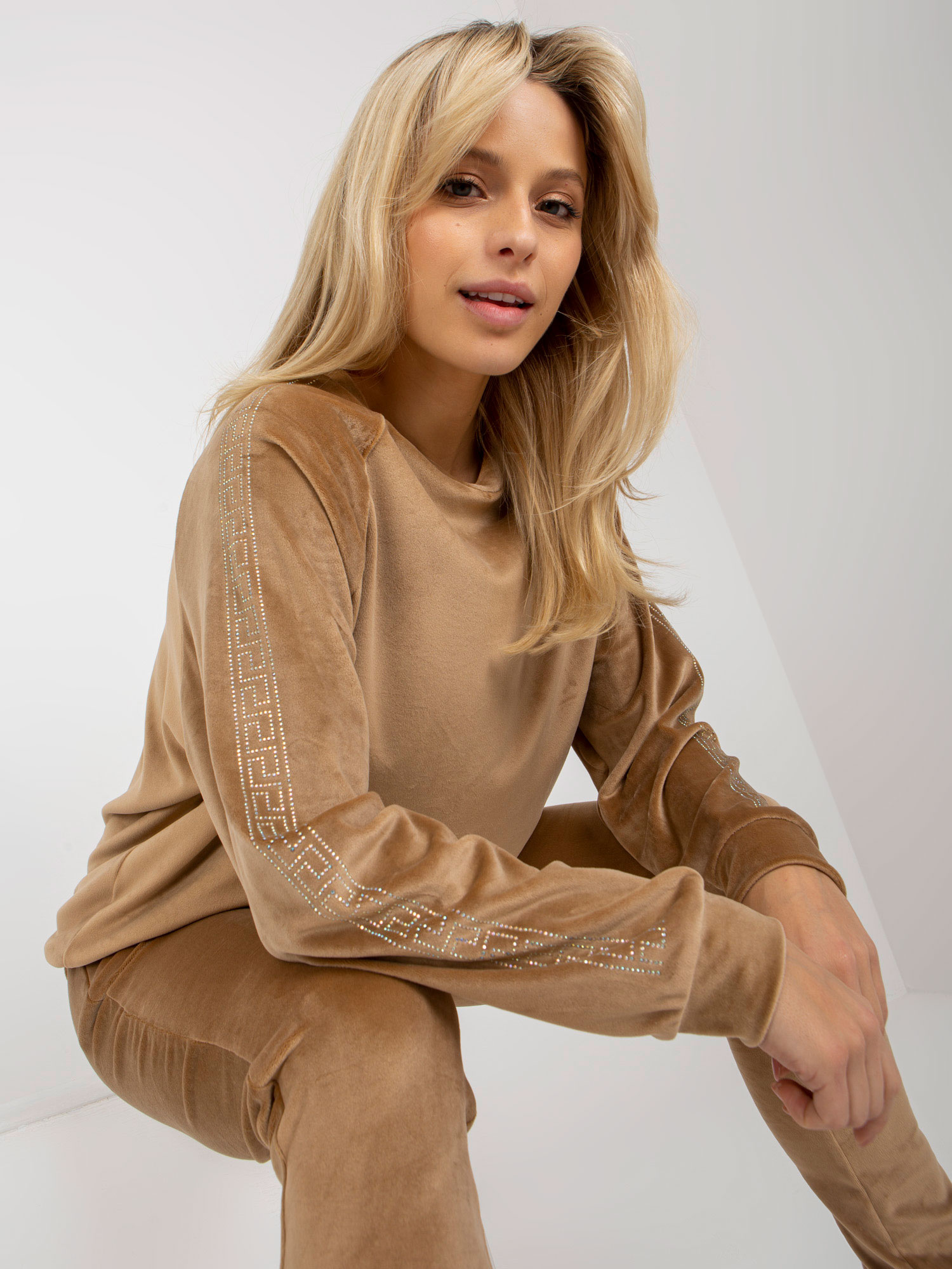 Wholesale Camel velour set with rhinestone application.